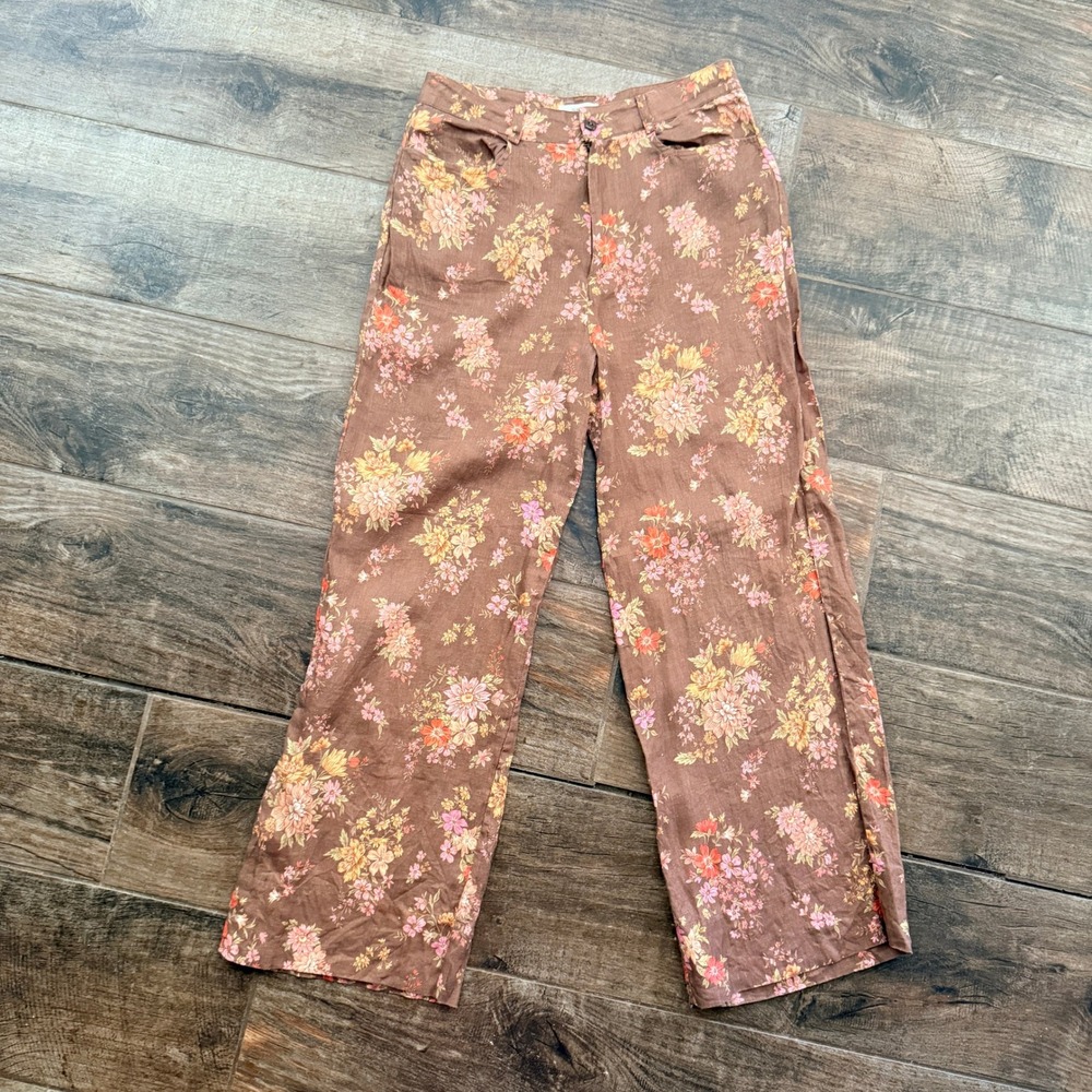Spell Meadowland Hazelnut Floral Linen Pant, Brown Orange, L